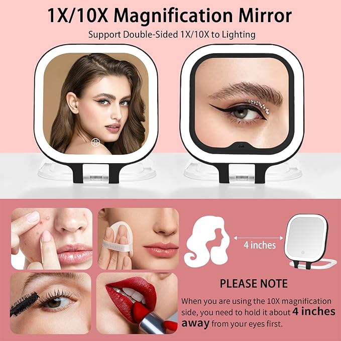 DESCHEN Rechargeable Travel Makeup Vanity Mirror with Lights and Magnification, Portable 1X/10X Magnifying Mirror with 3 Color Light, Lighted Makeup Mirror with Magnification (Black)