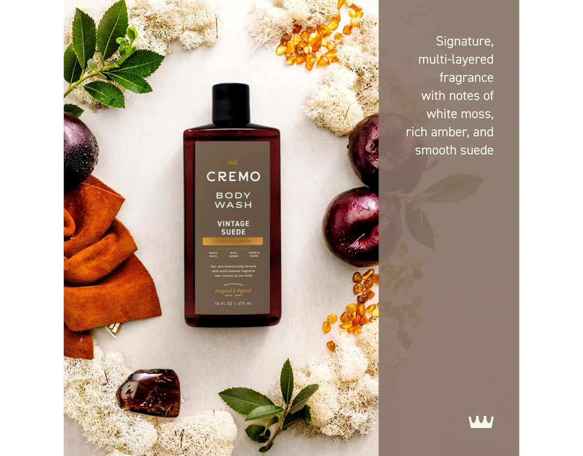 Cremo Rich-Lathering Vintage Suede Body Wash, A Vintage Suede with Notes of White Moss and Rich Amber, 16 Fl Oz (Pack of 2)