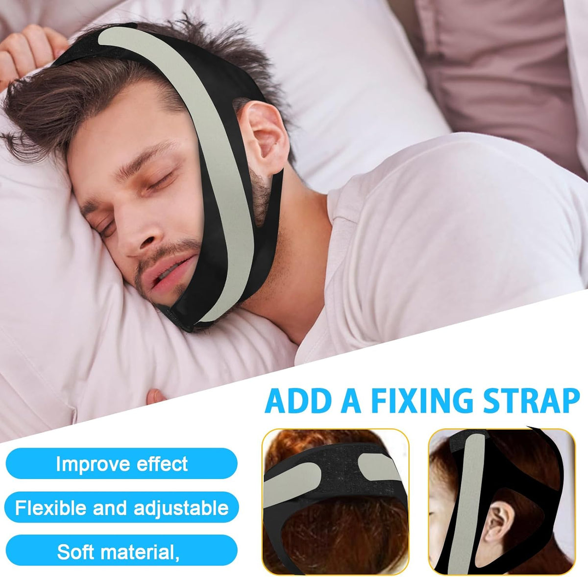 Chin Strap for Sleeping,Anti Snoring Chin Strap for CPAP Users,V-Line Lifting Mask,Adjustable and Breathable Chin Strap-Keep Mouth Closed for Effectively Reduce Snoring (Black-White)