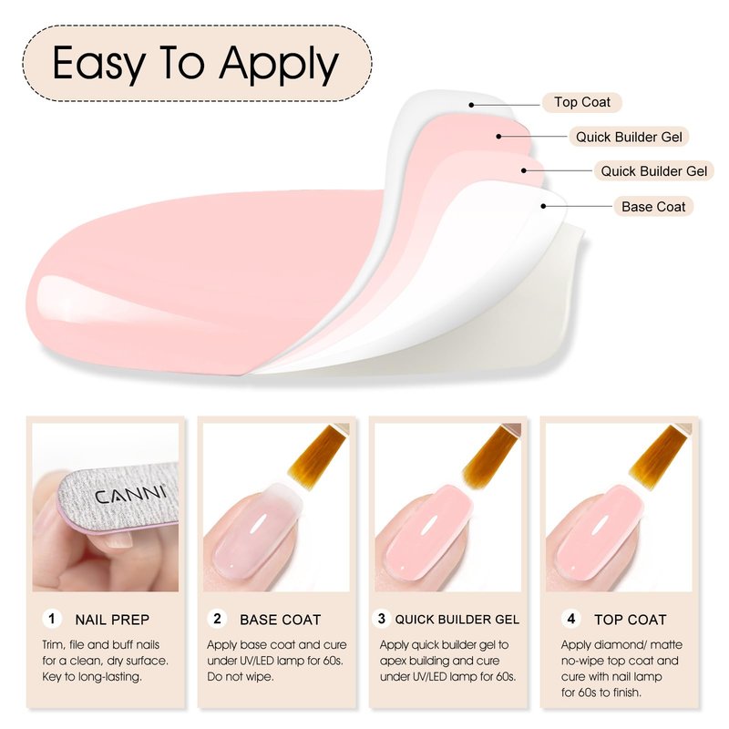 CANNI Quick Builder Nail Gel For Nails Set – 6 Colors 9ML Clear White Pink, Soak Off UV LED Nail Extensions & Strengthening, Self-Leveling Builder Gel for DIY Manicure & Salon Use Women