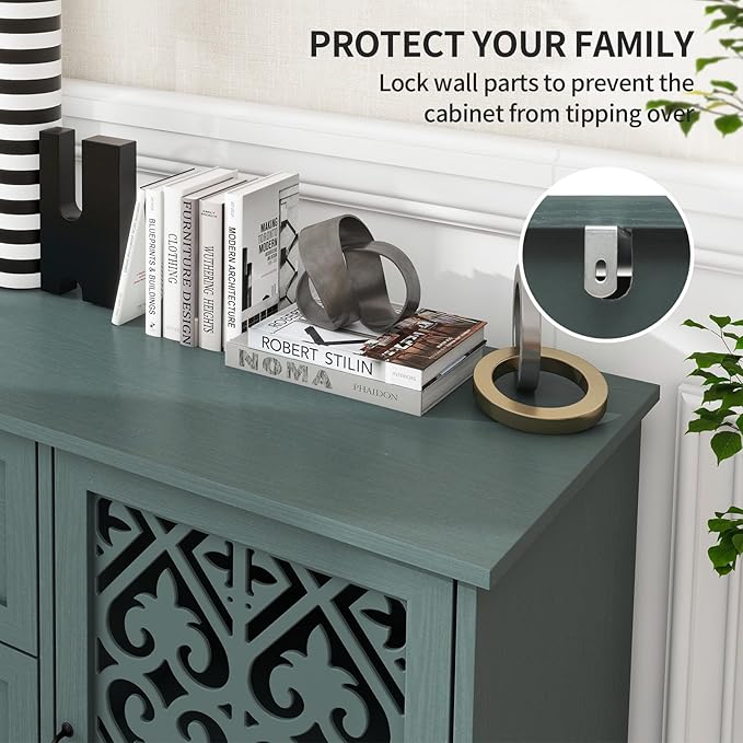 Sideboard Buffet Credenza - Modern 2 Door 3 Drawer Cabinet with Storage, Accent Cabinet with Carved Pattern, Farmhouse Wood for Living and Dining Area (Green)