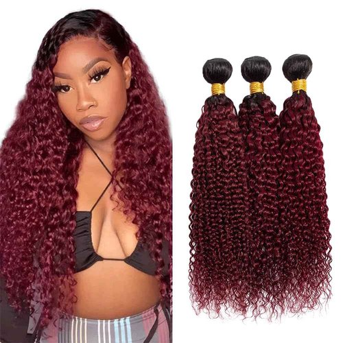 Ombre Bundles 1B99J Kinky Curly Human Hair 10 12 14 Inch Two Tone Black And Red Bundles 8A Grade Burgundy Kinky Curly Hair