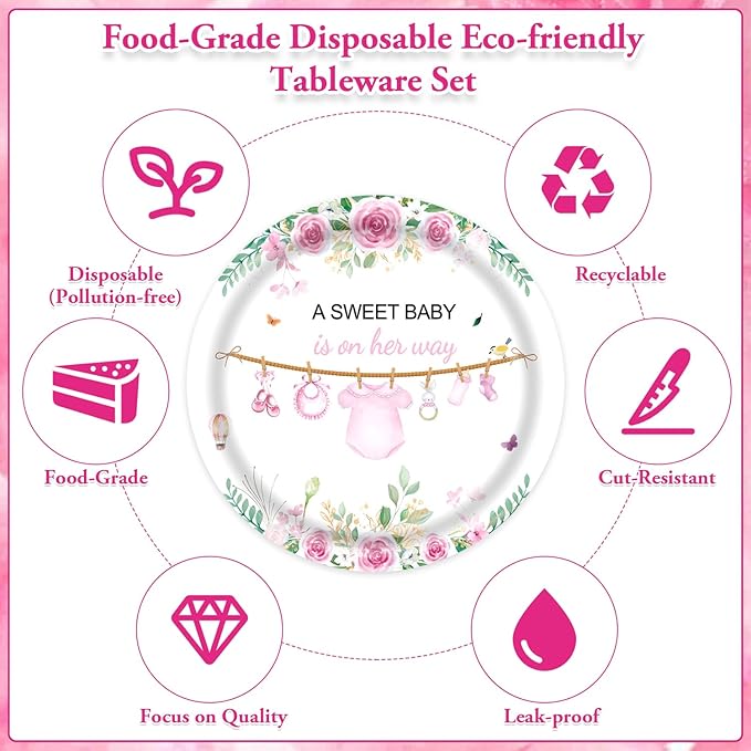 Pink Baby Girl Shower Party Supplies Tableware Sets,Includes Disposable Plates, Napkins, Cups,Straws,Cutlery, Balloons, Banner, and Tablecloth for Party Baby Shower Birthday Decorations,Serves 20