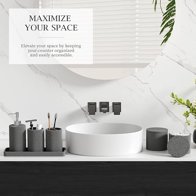 6-Piece Grey Bathroom Set - Mesh Textured Resin Bathroom Accessories Set with Soap Dispenser, Toothbrush Holder, Cup, Vanity Tray & Apothecary Jars for Small Spaces