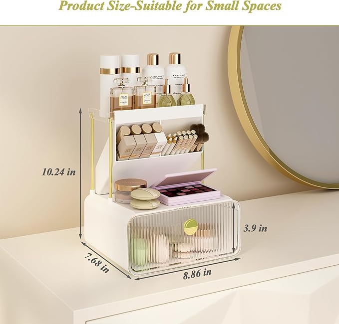 FOLLOWIN Bathroom Counter Organizer with Drawer,Dresser Top Organizer with Make Up Brush Holder,Makeup Shelf,Vanity Organizers,Cosmetic Perfume Organizer,Clear