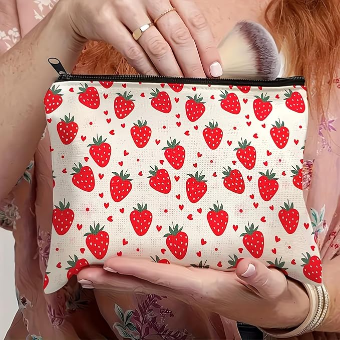 GRITOSE Cute Makeup Bag Strawberry Cosmetic Bag Summer Workday Toiletry Bags Accessories for Women Girls Friends Sisters Coworkers,Aesthetic Makeup Pouch with Zipper