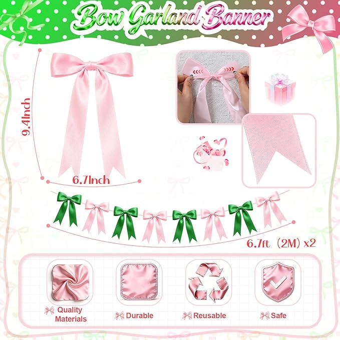 2 Strings Pink & Green Bow Garland Banner Decorations, 16Pcs Pre-Strung Satin Ribbon with 6.7ft Chain for Girls Ribbon Bow Banner Coquette Room Birthday Baby Shower Bachelorette Wedding Party Decor