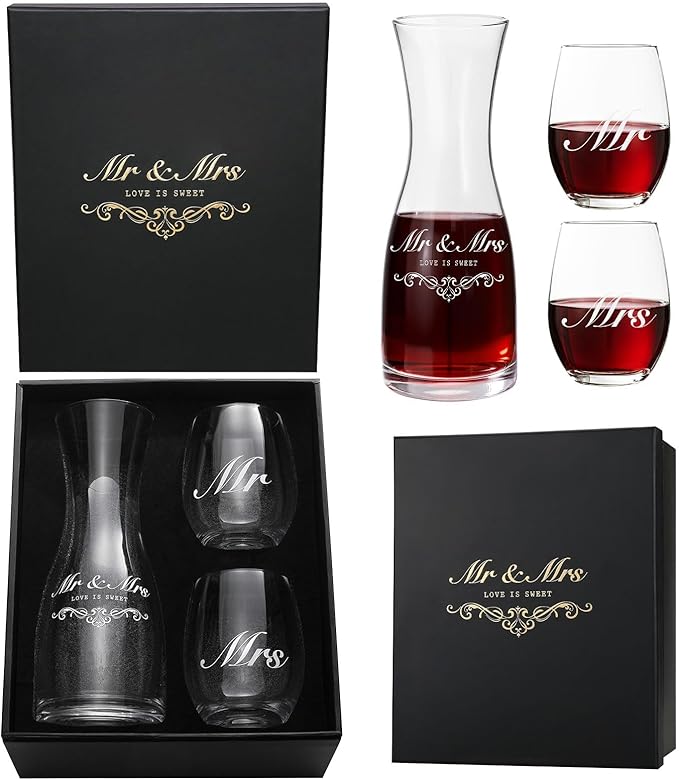AW BRIDAL Wedding Gifts for Couples 2026, Mr and Mrs Wine Glasses with Decanter Set for Anniversary, Engagement Gift for Newly Engaged Couple, Bridal Shower Gift for Bride to Be