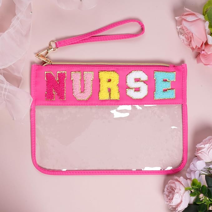 Chenille Letter Bag, Multi-purpose Nylon Clear Makeup Cosmetic Bags Flat Pouches with Zipper for Travel, Gym, Beach (Red-Nurse)