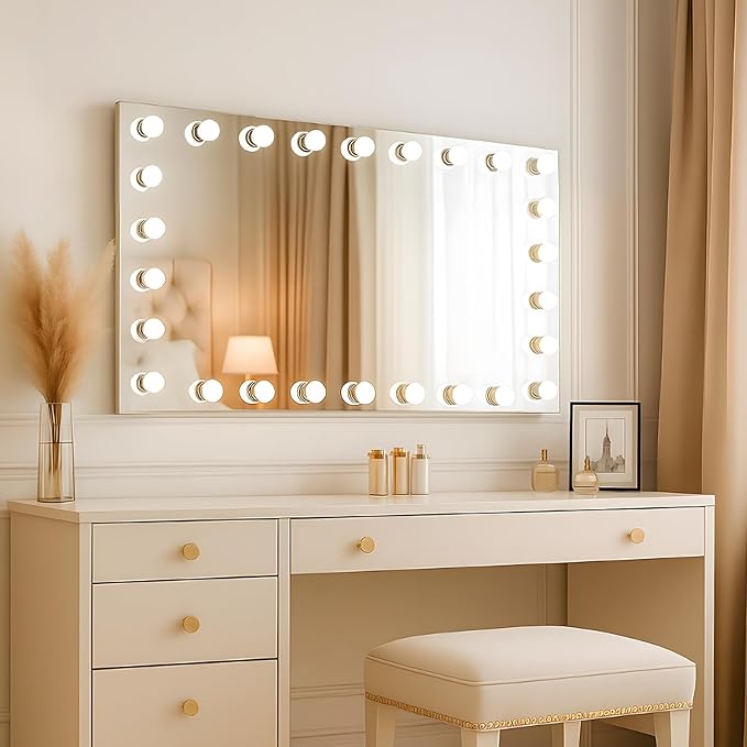 WTTY LED Bathroom Mirror with Lights 40"x28" Hollywood Wall-Mounted Mirror with 3 Color Temperatures, Stepless Dimmable Bulbs, Anti-Fog & Shatter-Proof