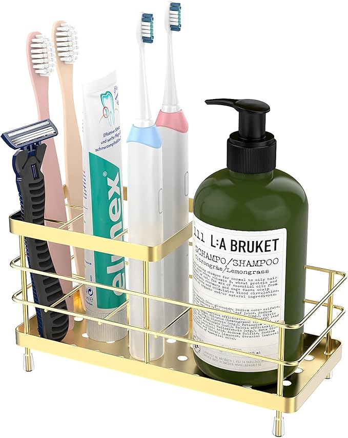 Luxspire Toothbrush Holders, 6 Slots Stainless Steel Tooth Brush Holder with Drainage, Toothbrush Holder for Bathroom Countertop & Kitchen Sink, Bathroom Accessories, Gold
