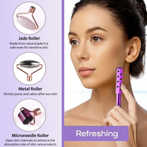 4-in-1 Germanium Stone Face Massager Beauty Roller for Up Lifting and Skin Care, Anti-Aging Beauty Tool with 3 Replaceable Heads - Jade Stone, Stainless Steel and 0.25mm Microneedle