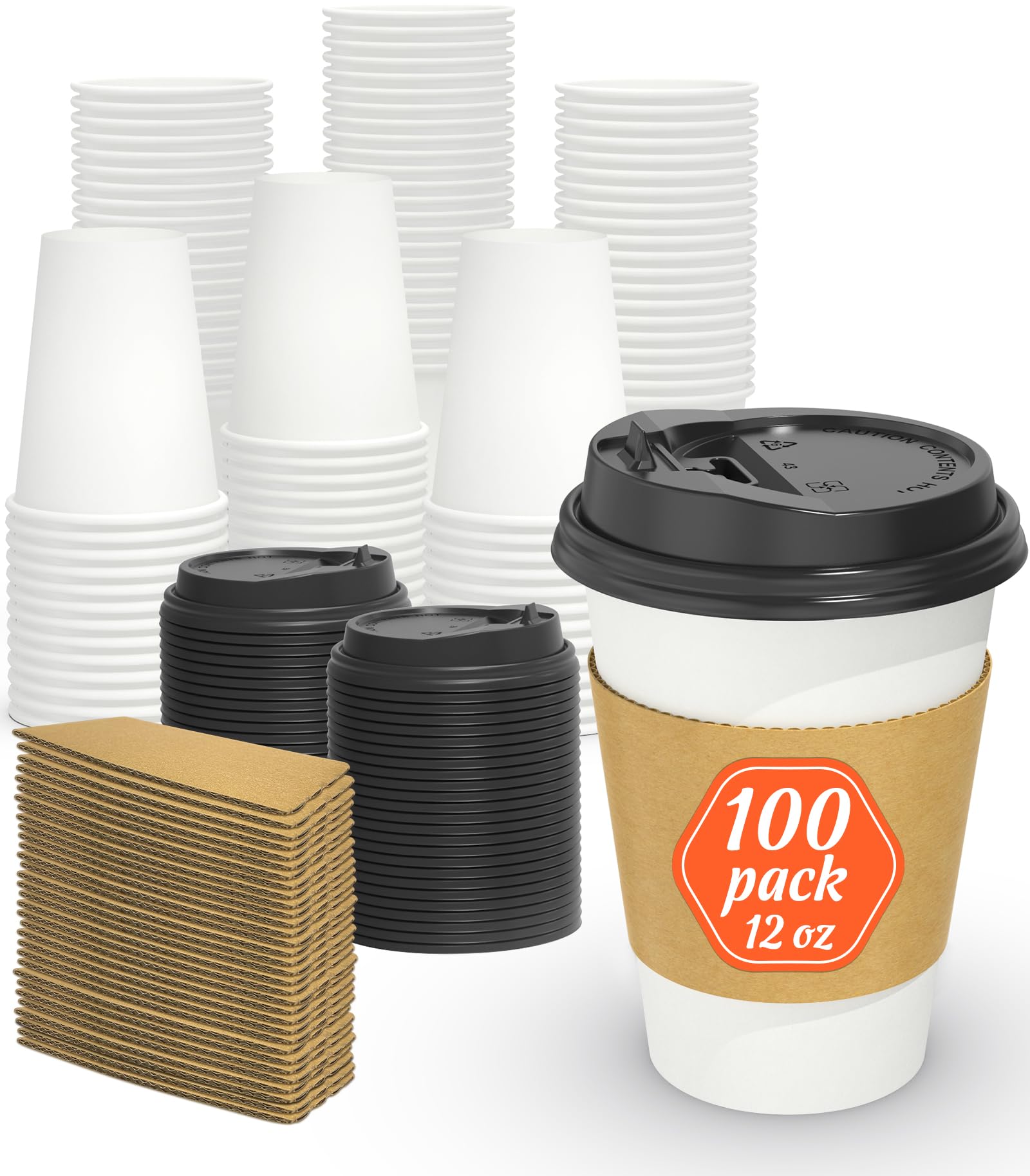 Dealusy 100 Pack 12 oz Disposable Coffee Cups with Lids and Sleeves, Sturdy Thick Paper & Leak-free Insulated to Go Paper Hot Coffee Cups for Hot & Cold Beverage