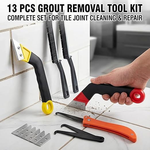 Grout Removal Tool Kit, 2 Tile Grout Saws with 6 Replacement Blades, Hand Grout Saw and 2 Cleaning Blades, 2 Brushes for Tile Gap Cleaning and Repair