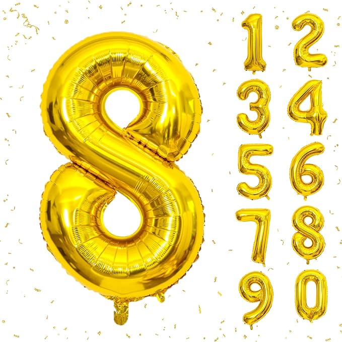 40 Inch Gold Number Balloons, Helium Mylar Foil Number Balloons for Birthday, Number 8 Balloon for 8st Birthday Decorations for Kids, Anniversary Party Decorations Supplies