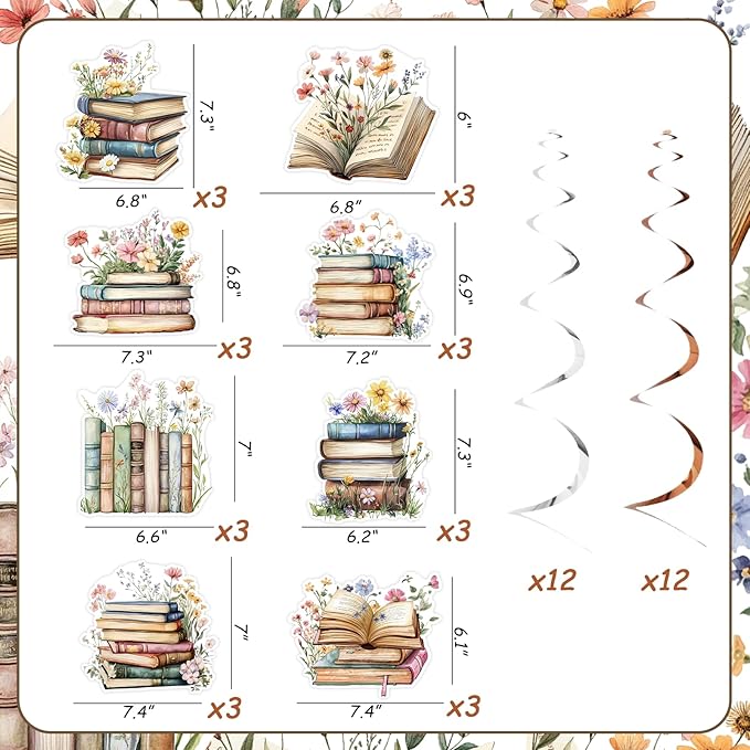 Book Party Decorations Book Hanging Swirls Garland Ceiling Streamers 24pcs for Girls Women Storybook Flowers Birthday Baby Shower Hanging Decors First Chapter Reading Library Books Club Party Supplies