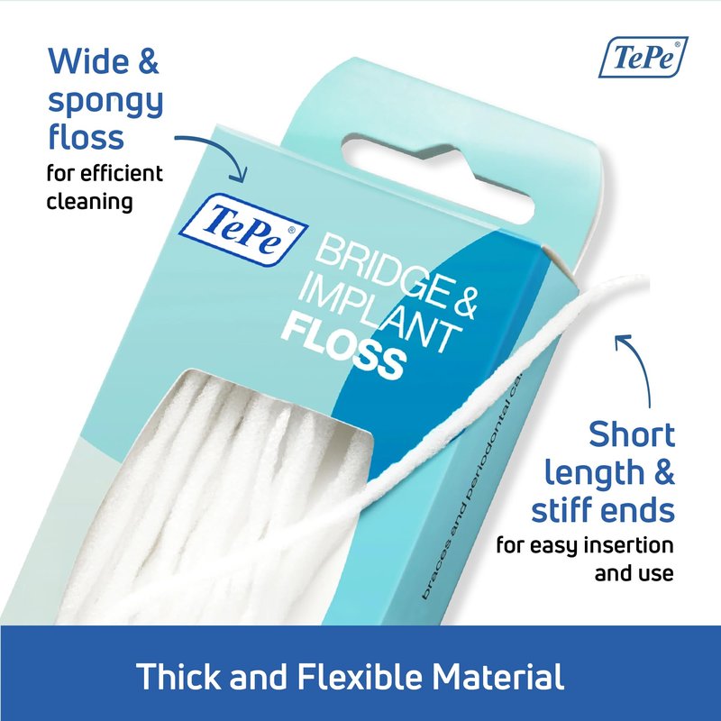 TePe Bridge and Implant Floss for Dental Implants, Bridges, and Braces, Dental Flossers, 30 Pieces