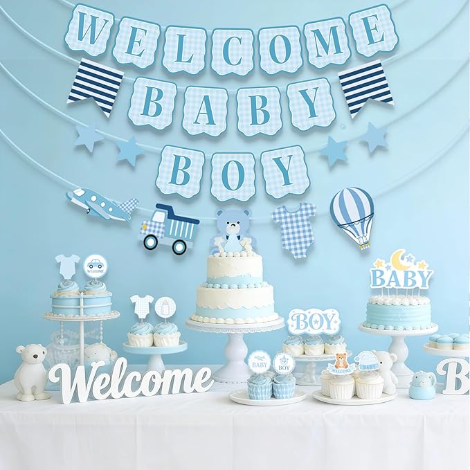 Baby Boy Baby Shower Banner, 4 PCS Pre-strung Blue Gingham Welcome Baby and Body Cloth Banner for Baby Boy Shower Party Decoration (welcome baby boy)