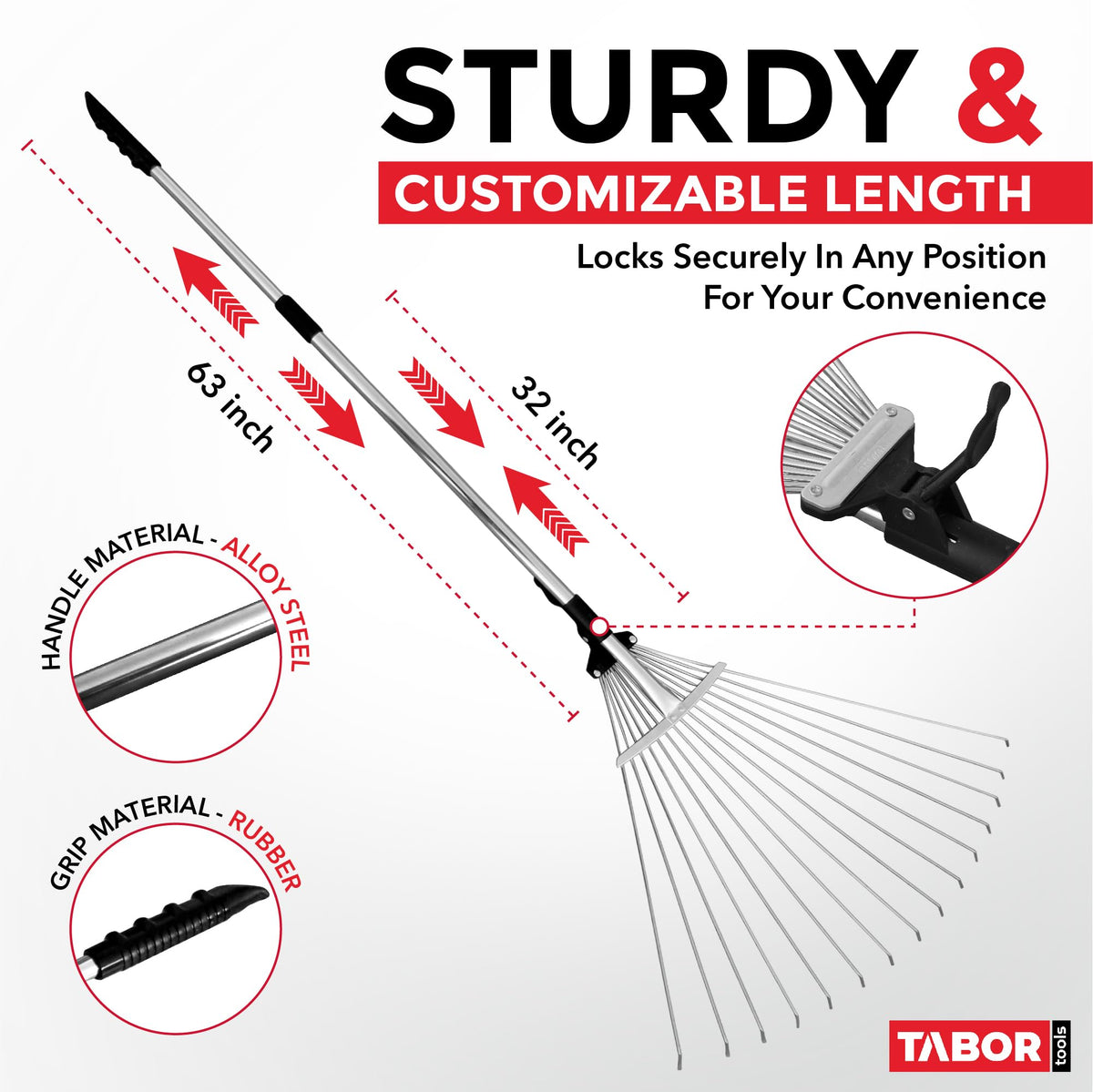 J16A Adjustable Metal Leaf Rake with Expandable Head 8-23", Collapsible & Telescopic Grass Rake for Lawns, Garden & Yard, Ideal for Leaves, Shrubs & Small Areas