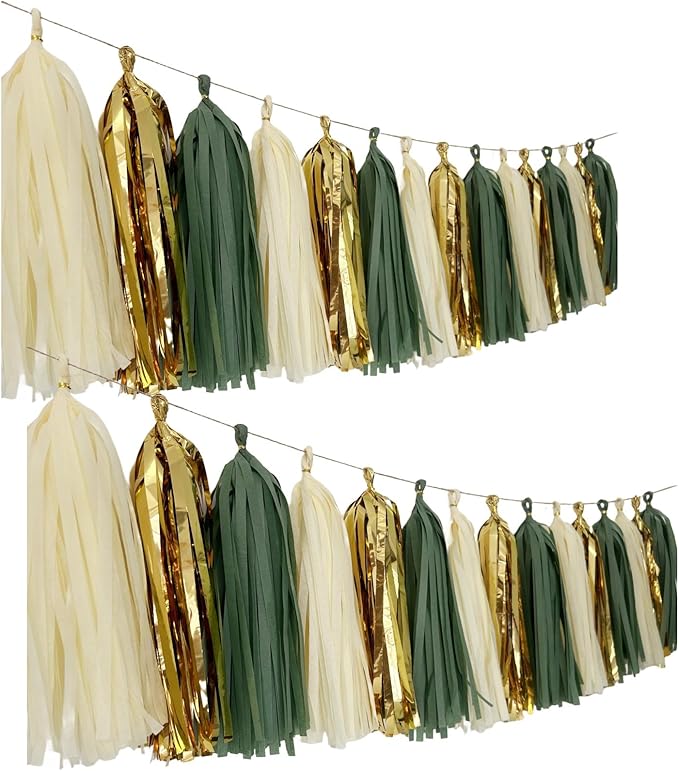 20Pcs Sage Green Gold Mylar Tassels Garland Tissue Paper Tassels Banner DIY Kit Teal Tassel Garland Teal Gold Birthday Party Decorations for Women Men Boys Girls, Party Supplies