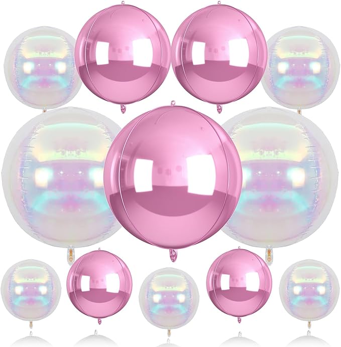 Biapian 12Pcs Pink and Iridescent Round Balloons Foil, 22" 18" 15" 10" 4D Round Shaped Ball Balloon, Large Pink Bubble Balloons for Wedding Prom Bridal Baby Shower Birthday Party Decorations Backdrop