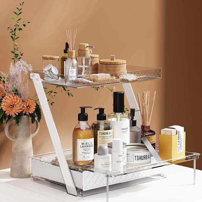 Z-Shaped Bathroom Countertop Organizer – 2-Tier Vanity Organizer with Sliding Tray & Drawer for Skincare, Makeup & Perfume – Acrylic Storage for Dresser, Office or Desk