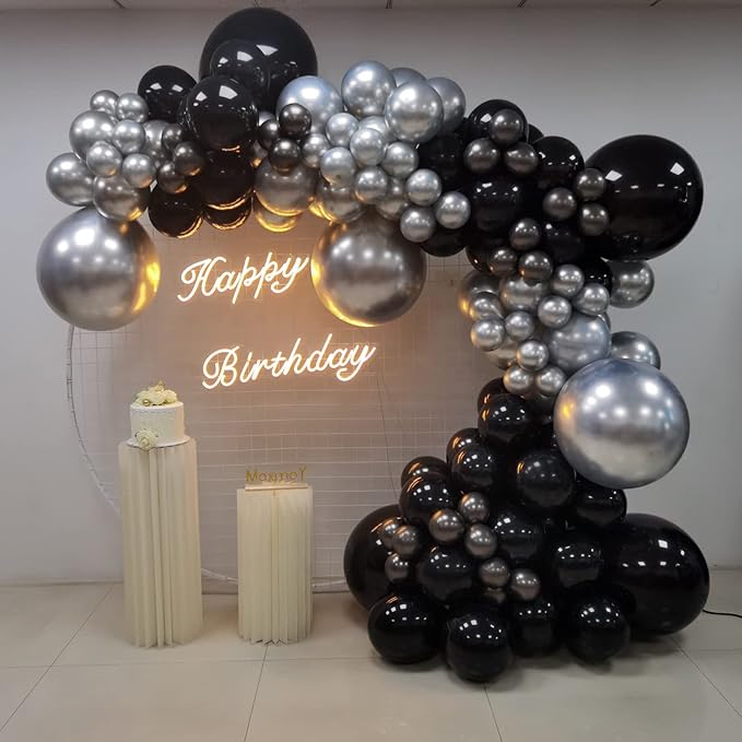 Black and Silver Balloons Garland Arch Kit, 135 Pcs Latex Balloon Different Sizes for Graduation Birthday Anniversary New Year Party Decors