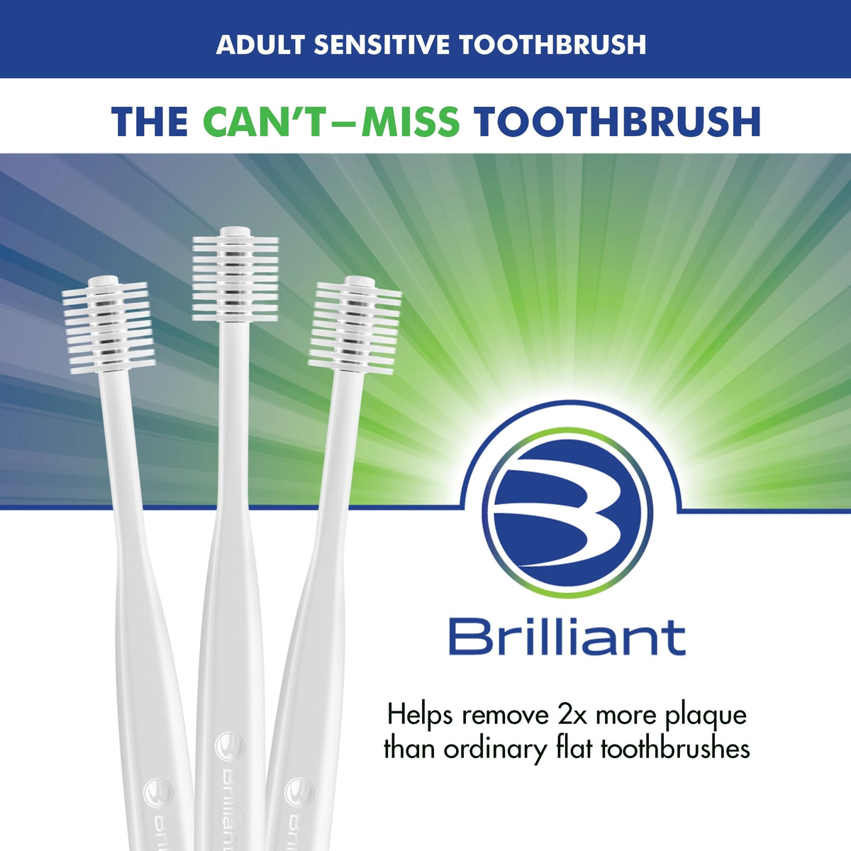 Brilliant Oral Care Adult Sensitive Toothbrush with Extra Soft Bristles, Round Head, and Gentle All-Around Clean for Tender Teeth and Gums, White, 3 Pack