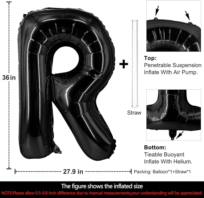 Lovoir 40 Inch Large Black Letter R Balloons Big Size Jumbo Mylar Foil Helium Balloon for Birthday Party Celebration Decorations Alphabet Black R