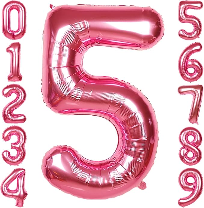 40 Inch Giant Hot Pink Number Balloon, Mylar Foil Helium Hot Pink Balloons for Birthday Party, Number 5 Balloon for Birthday Decorations, Hot Pink 5 Birthday Balloon