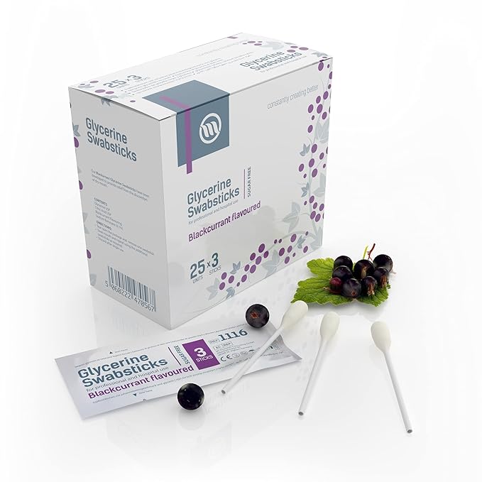 OPTIMUM MEDICAL Glycerin Swabsticks (x75) – Blackcurrant Flavour Pleasant Tasting Sugar Free Swab Sticks for Dry Mouth Relief (Blackcurrant)