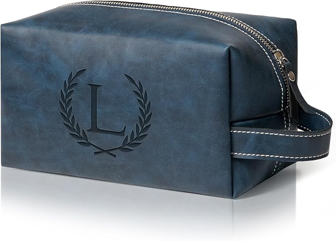 Personalized Gifts Travel Toiletry Bag for Men Engraved Initial PU Leather Waterproof Shaving Bag for Toiletries Accessories Fathers Day Birthday Gift for Men Dad Husband Son, Dark Blue L