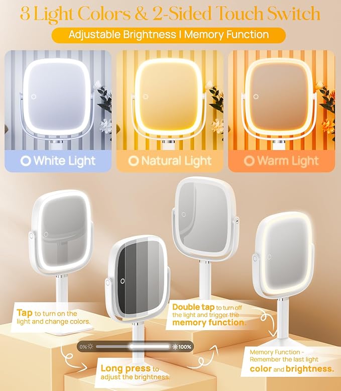 Gospire Rectangle Lighted Makeup Mirror with Lights and 1X/7X Magnifying Mirror, Height Adjustable and 4000mAh Rechargeable for Bedroom, 8.5”x7.4” Large Surface, Stepless Dimming - White