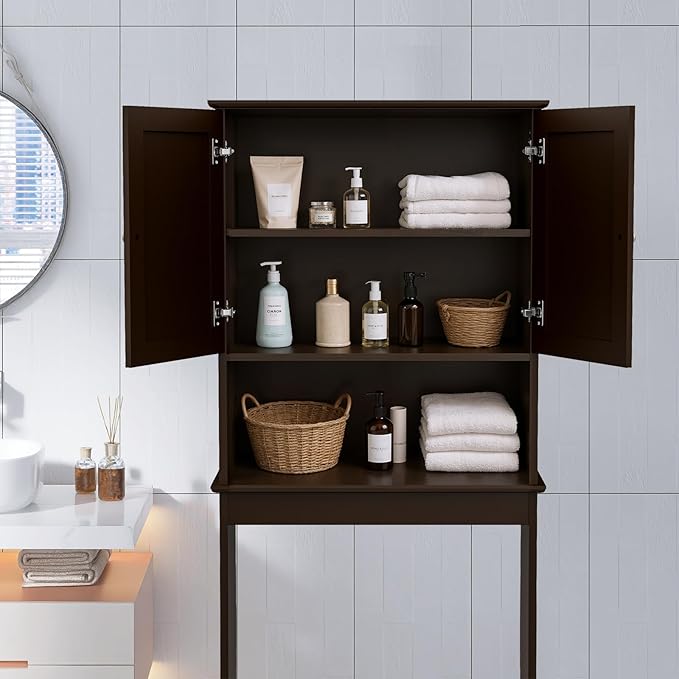 Over The Toilet Storage Cabinet, Behind Toilet Bathroom Organizer with Adjustable Shelves, Above Toilet Organizers with Barn Door, Space Saver for Restroom, Bathroom, Laundry