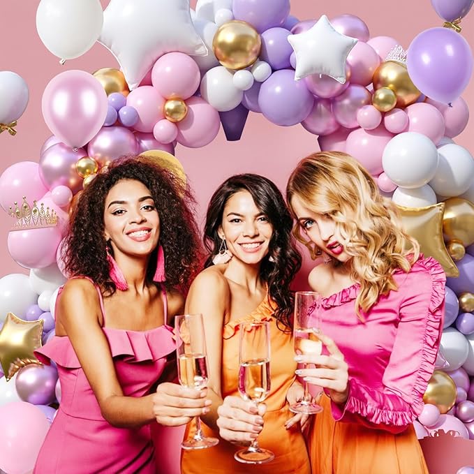 FunHot Pink Purple Balloon Arch Kit, Princess Balloon Garland, Pastel Pink Purple White Balloons Metallic Gold Star Foil Balloons for Girls Baby Shower Wedding Bridal Shower Birthday Party Decoration