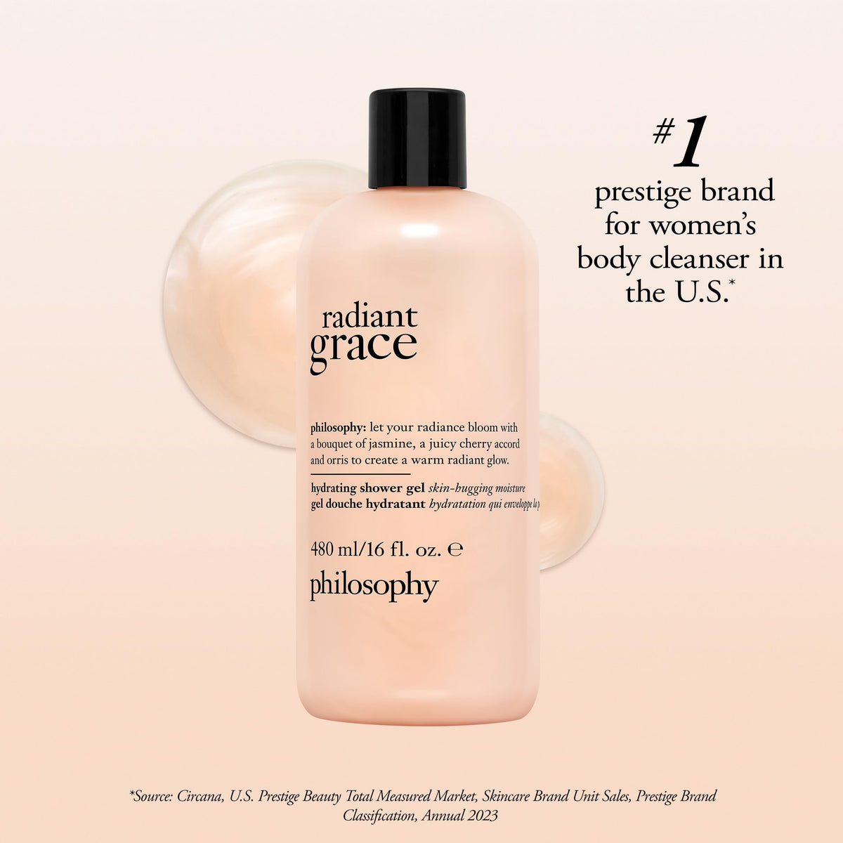 philosophy radiant grace hydrating bath & shower gel- cleanses, soothes & comforts dry skin - with notes of jasmine, black cherry & sandalwood - 16 fl oz