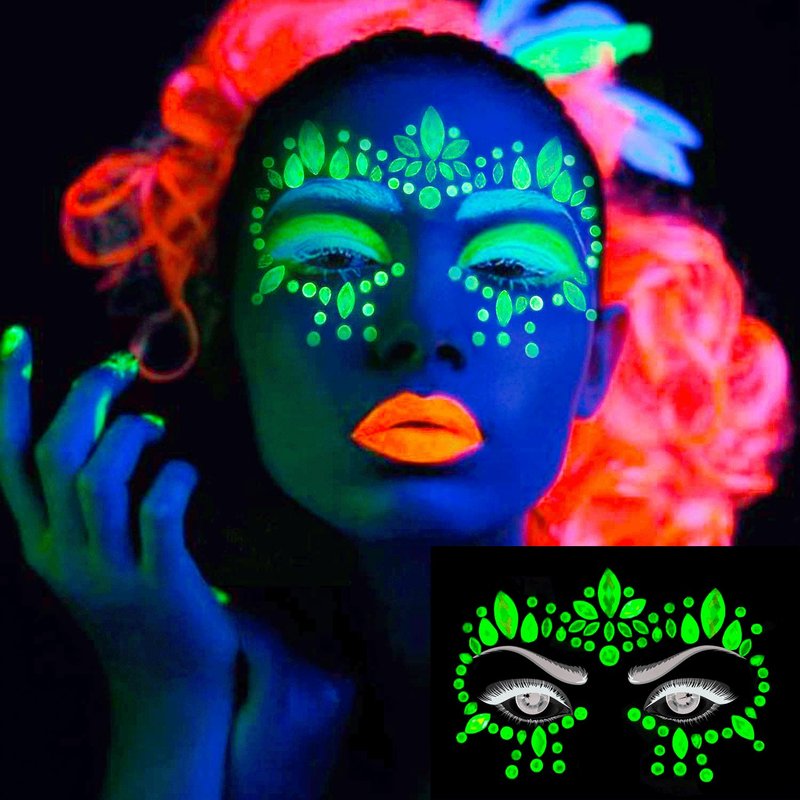 8Sets Noctilucent Face Gems Body Stickers Glow in the Dark Luminous Face Jewels fluorescent face tattoo crystals rhinestone sticker body jewelry for Halloween