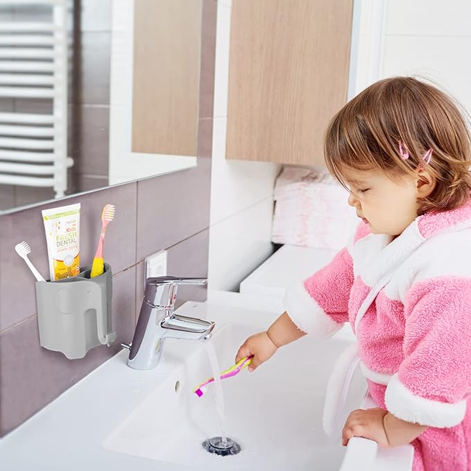 RyanLemon Elephant Toothbrush Holder for Toddler, Suction Cup Cute Toothbrush Holder for Kids, for Bathroom, with 3 Slots and 1 Hook, Grey
