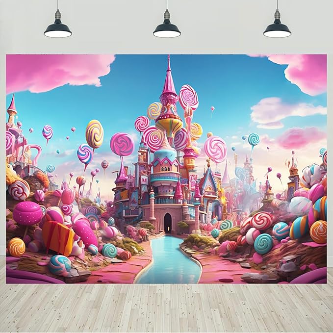 10x6.5ft Candyland Backdrop Fantasy Pink Castle Sweet Candy Photography Background Girls Birthday Candyland Theme Party Decorations Banner Photo Studio Props