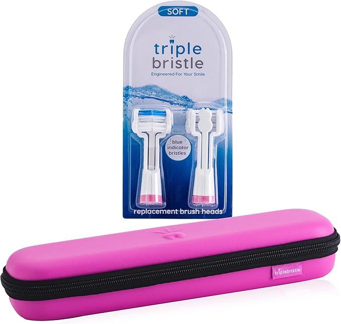 Triple Bristle Toothbrush Travel Case & Replacement Brush Heads (Pink) Bundle