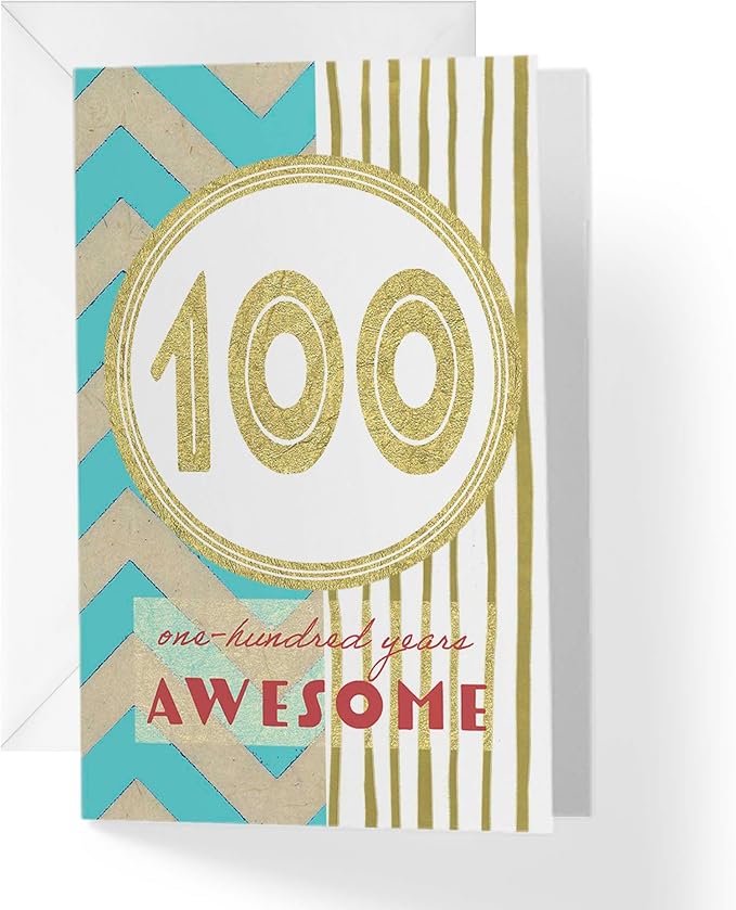 100th Birthday Card with Envelope - Gold Stripes Turquoise Chevron one-hundred years of awesome heartfelt message | 5”x7.5” | (Single Card)