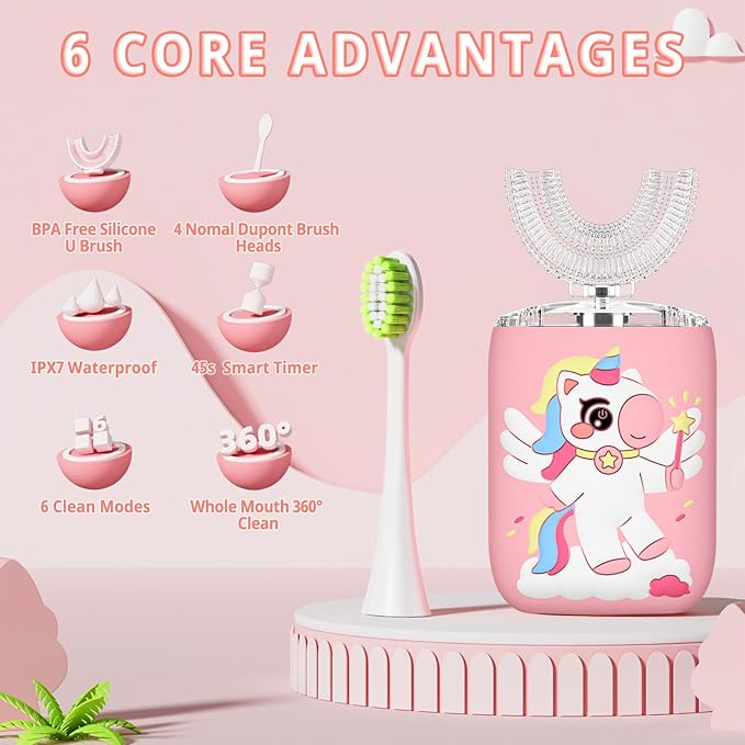 Kids Electric U Shaped Toothbrush Unicorn Rechargeable Sonic Toothbrush with 4 Soft Brush Heads with Kid Toothpaste IPX7 Waterproof - (Age 8-15, Pink)