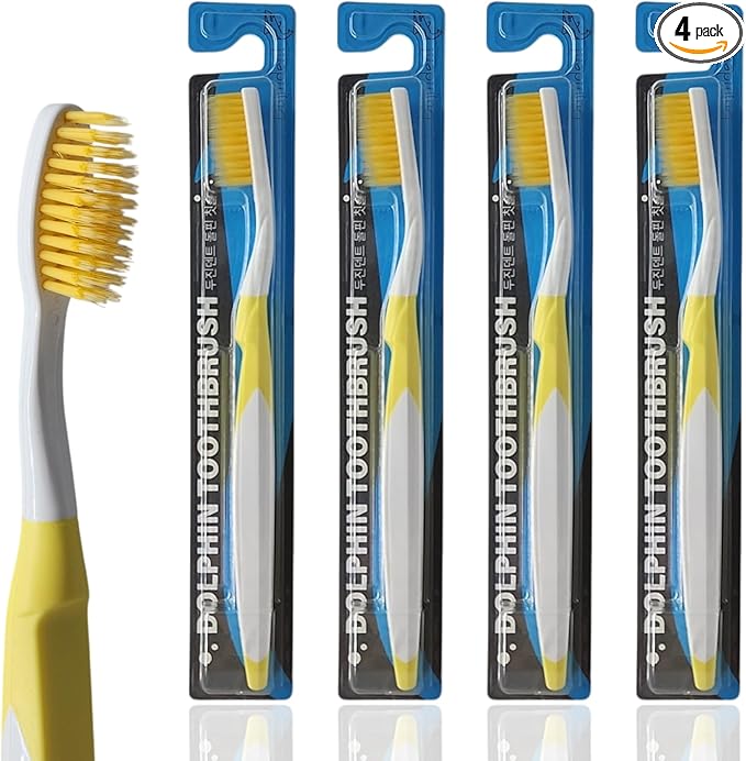 Dolphin Gold [4 Packs] Extra Soft Toothbrush Manual Long Flossing Bristle, Ultra Clean Toothbrush, Good for Sensitive Teeth and Gums (Yellow, Gold 4 Packs)