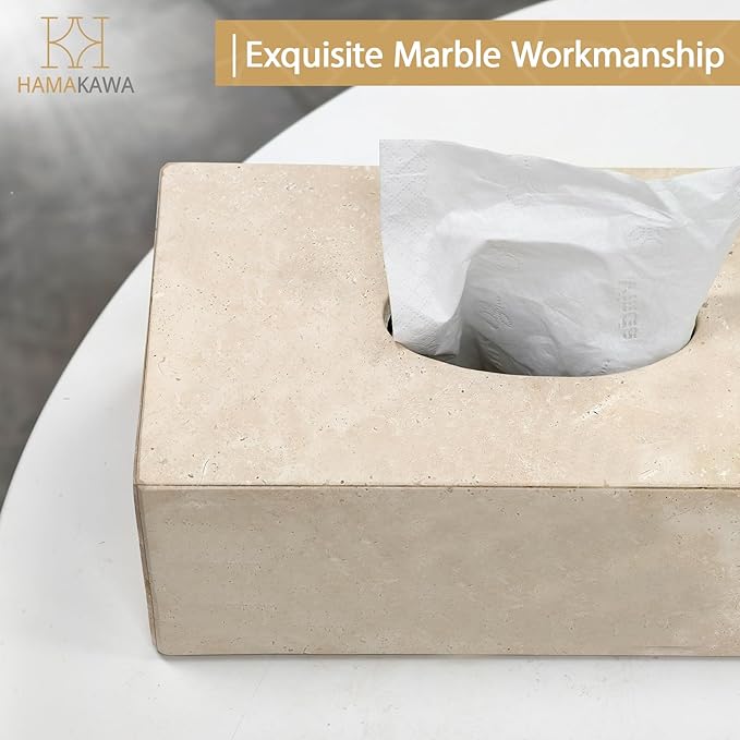 Natural Marble Tissue Box Cover, Beige Tissue Organizer L 10 x W 5.5 x H 3.5 Inch, Heavy Stone Decorative Box, Square Tissue Box Holder for Home Decor, Kitchen, Bathroom