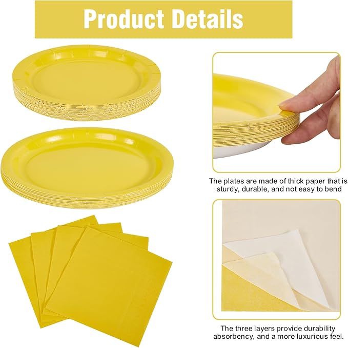 Ottin Yellow Party Supplies for 24 Guests 169PCS Disposable Paper Plates and Napkins Set with Cups, Forks, Knives, Spoons & Tablecloth – for Birthday Wedding Halloween Thanksgiving Christmas New Year