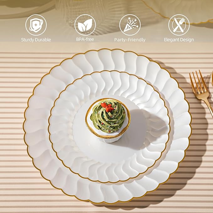 Lullaby 60PCS Pearl White Scalloped Plastic Plates with Gold Rim, Disposable Elegant Plates Include 30pcs Dinner Plate 10.25", 30pcs Dessert Plate 7.5", Perfect for Daily Use, Wedding and Party