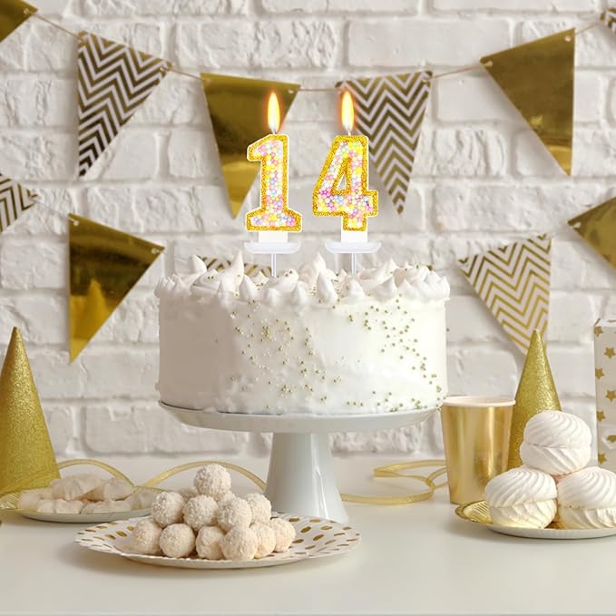 14th Birthday Candle for Cake, Colorful Macaron Numeral Candles for Girls/Boys, Birthday Party Cake Decorations, Golden Cake Topper for Birthday Party Supplies (Number 14)