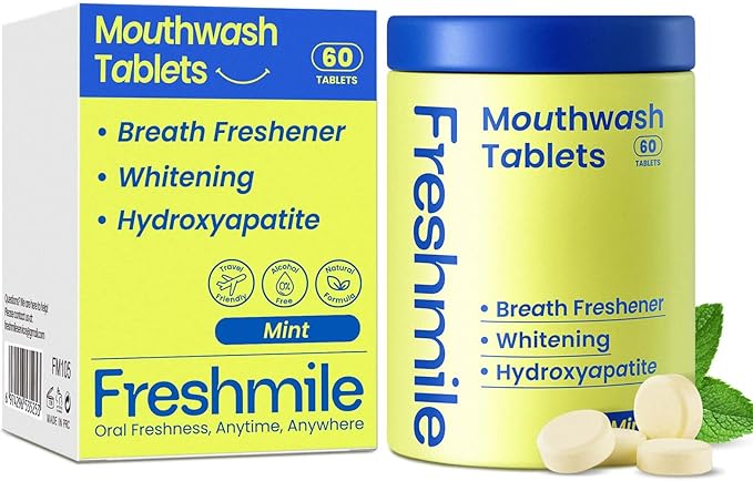 Travel Mouthwash Tablets for Smokers - Fluoride & Alcohol-Free, Xylitol & Nano-Hydroxyapatite (NHA) for Bad Breath Treatment & Natural Whitening, Mint Flavor (60 Count)