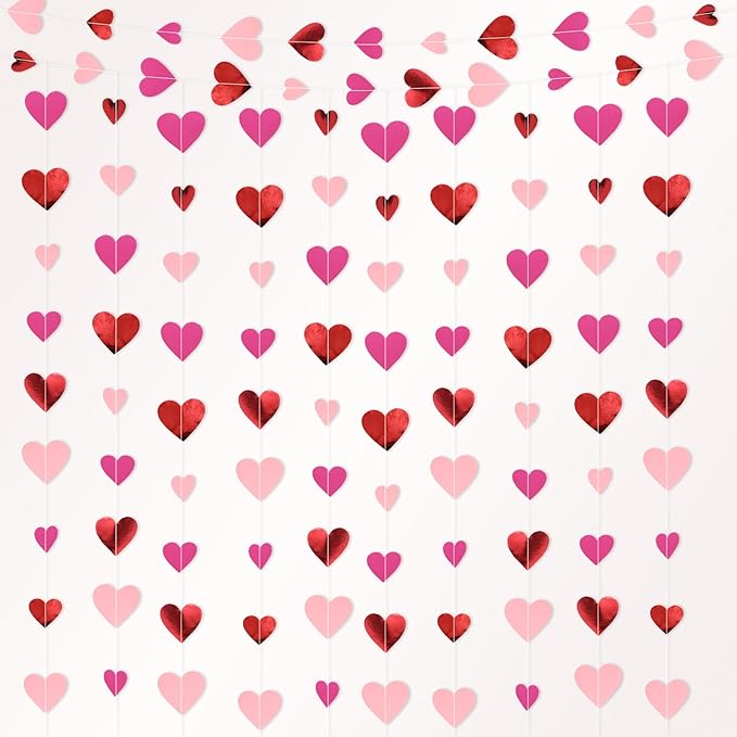 10 Pack 130ft Rose Red Pink Heart Party Garland Asymmetrical Love Hanging Banners for Birthday Wedding Decorations Mothers Day Bachelorette Bridal Shower Engagement
