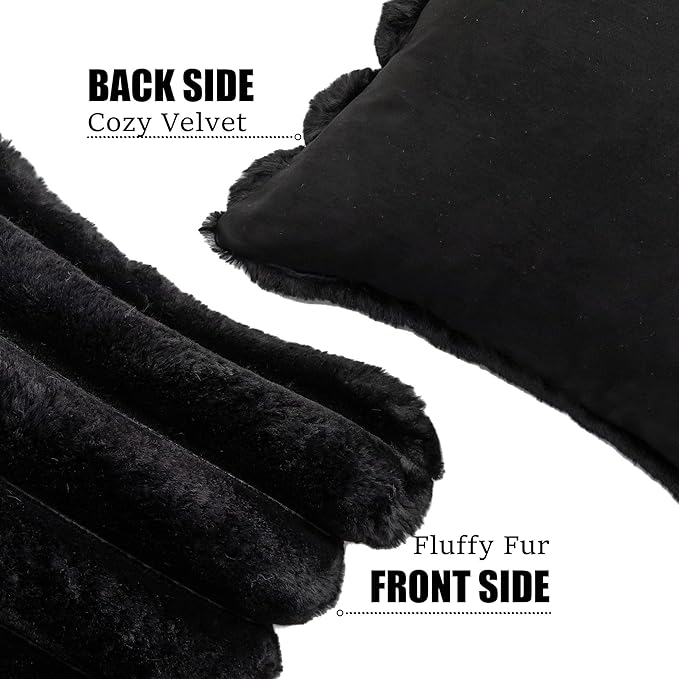 Neelvin Black Faux Fur Cozy Soft Striped Decorative Throw Pillow Covers 20x20 inch Set of 2,Velvet Pillowcase Cushion Case for Sofa Couch